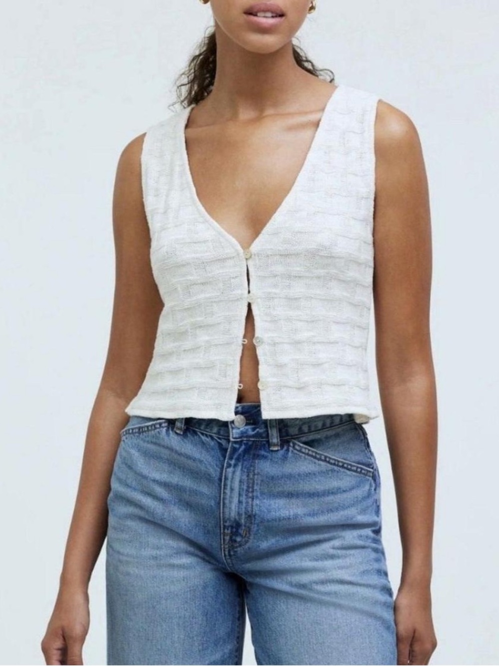 Madewell White Knit V-Neck Button Front Crop vest